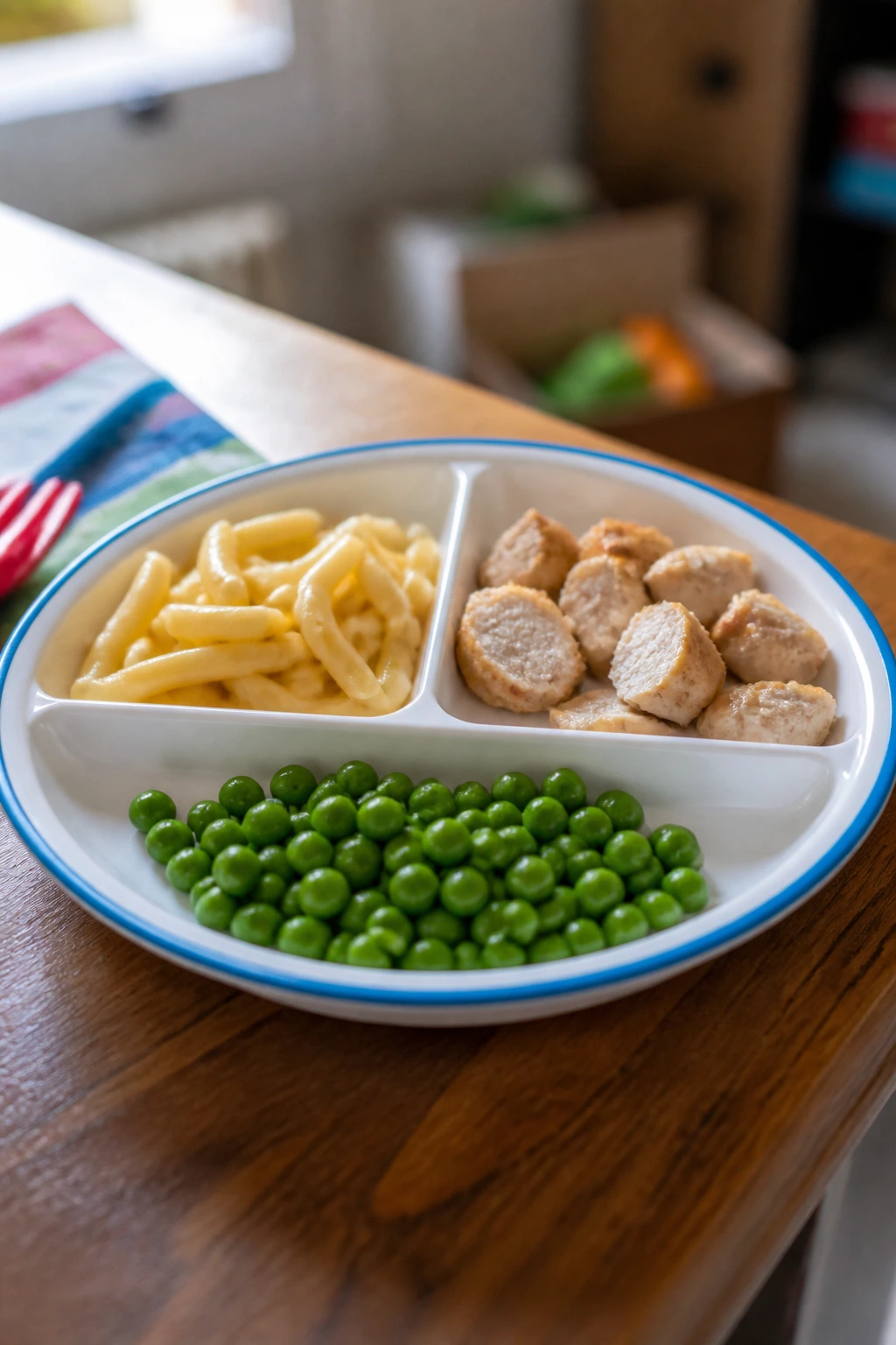 Close-up of a divided plate with separate piles of noodles, chicken, and peas