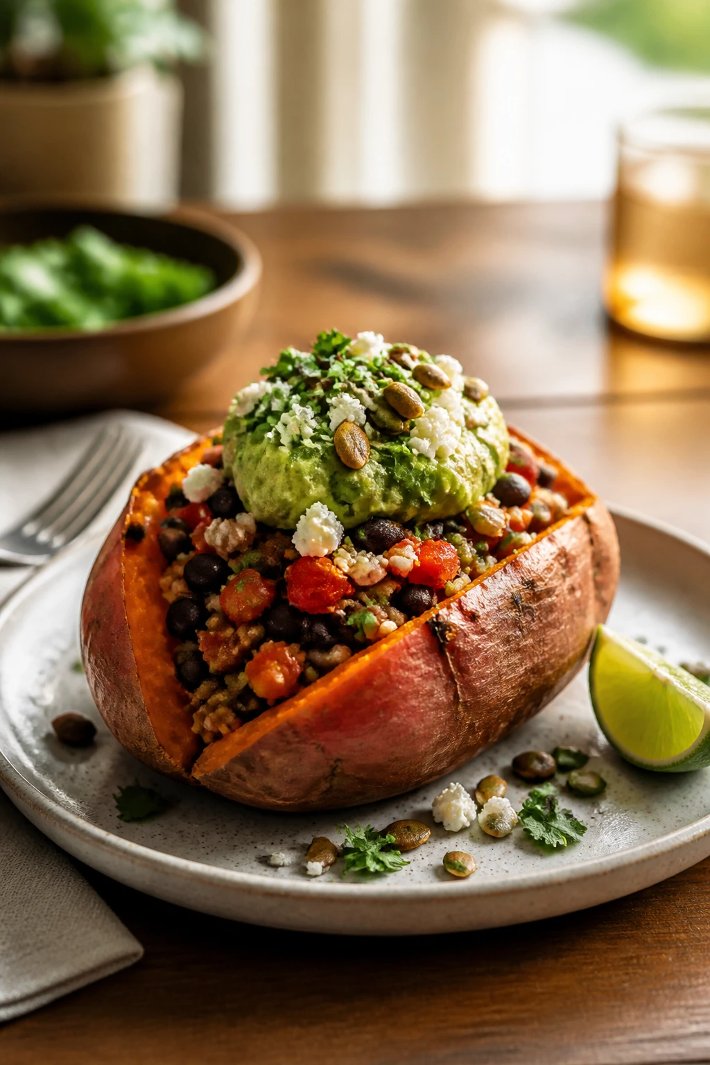 Plated stuffed potato with toppings arranged neatly on a plate.