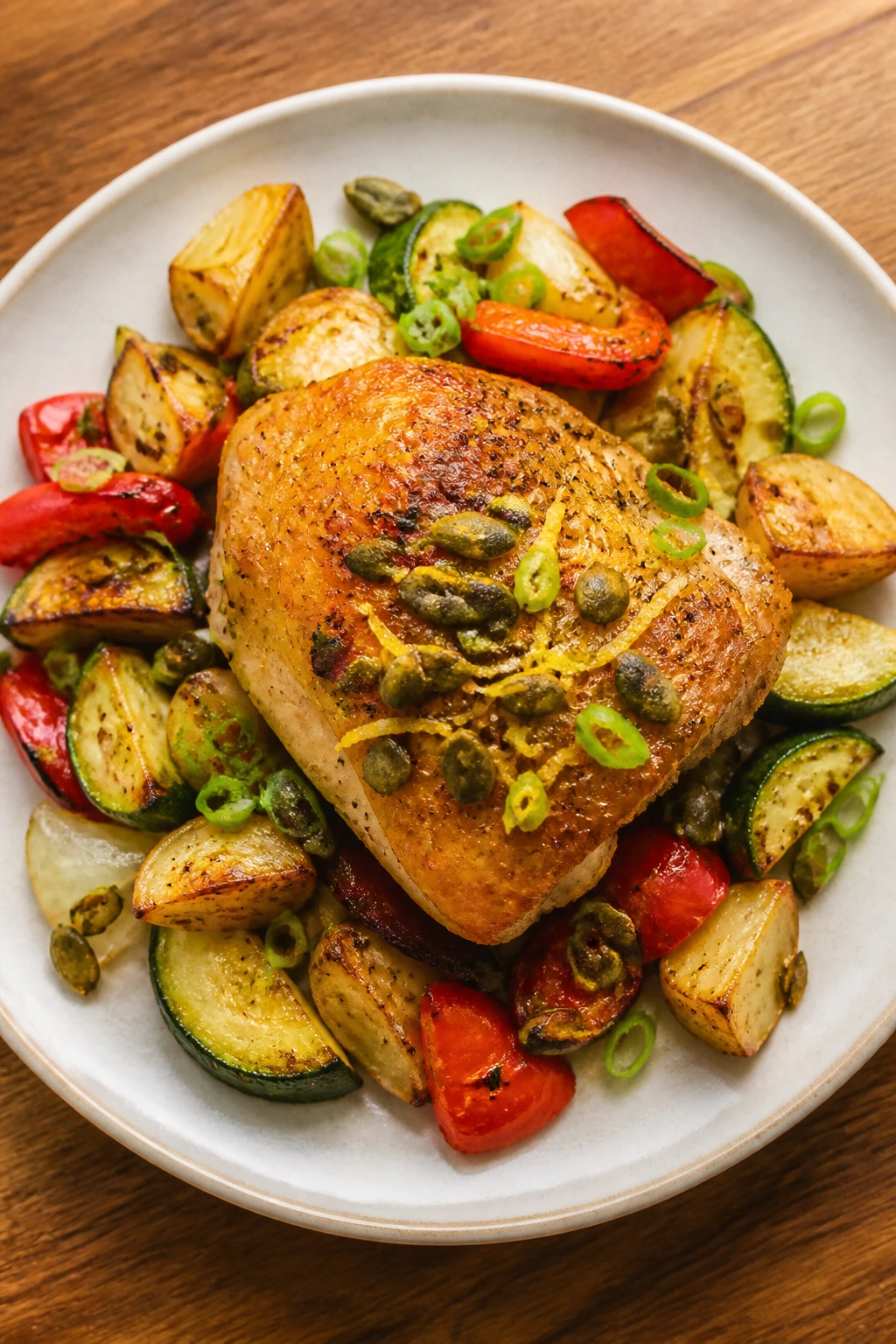 Plate with chicken and vegetables topped with lemon zest and seeds