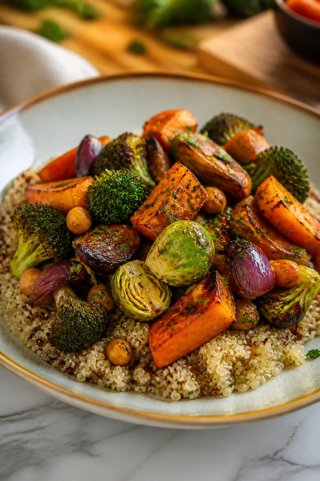Plate of colorful vegetables over grains with garnish on a bright table.