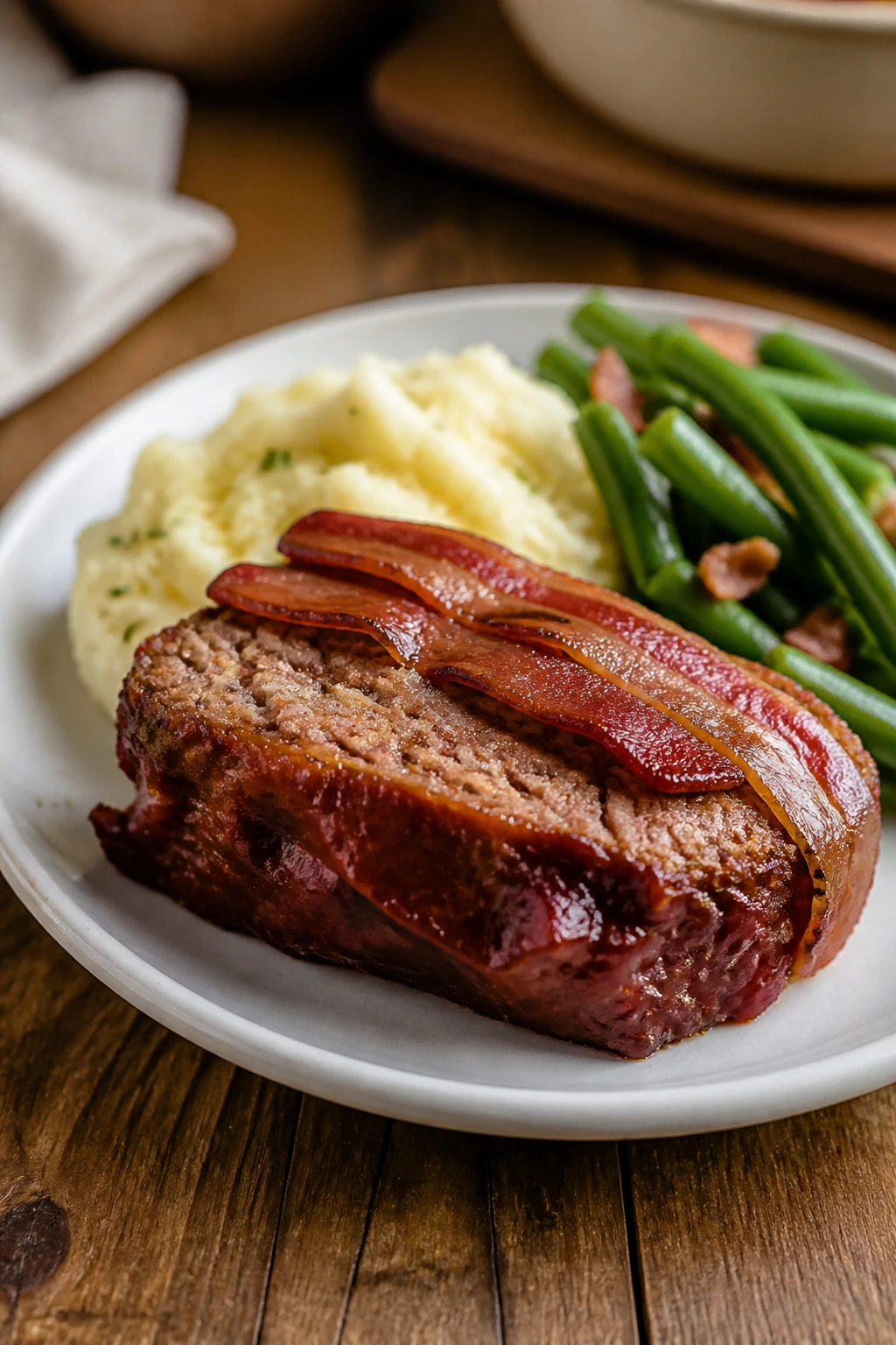Plate of meatloaf with bacon glaze, plated for serving