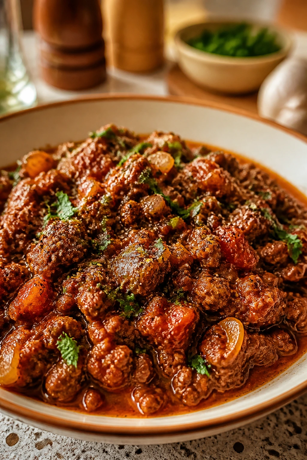 Plated saucy ground beef dish with parsley garnish