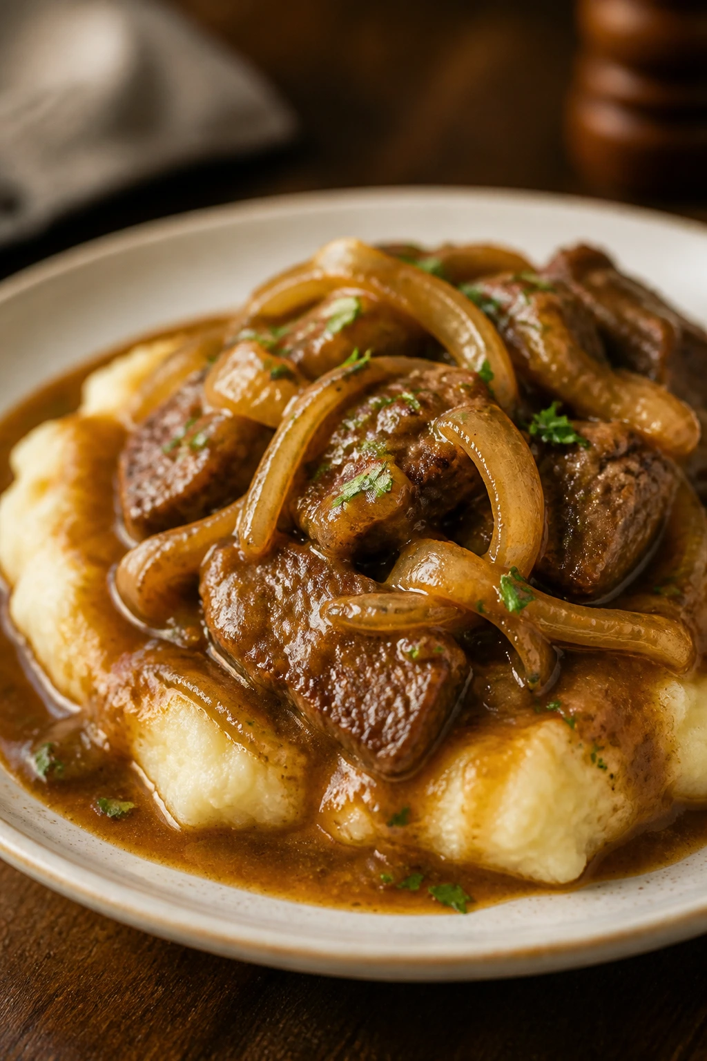 Plated fried beef with onions on mashed potatoes with gravy