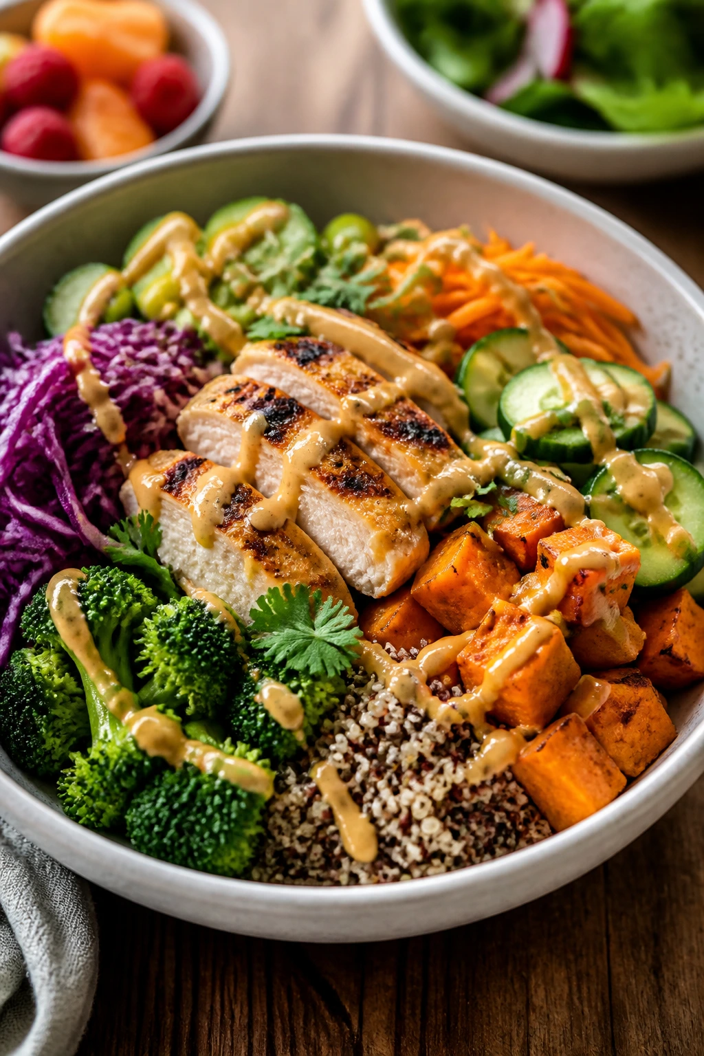 Plated bowl ready to serve with colorful toppings on a wooden table