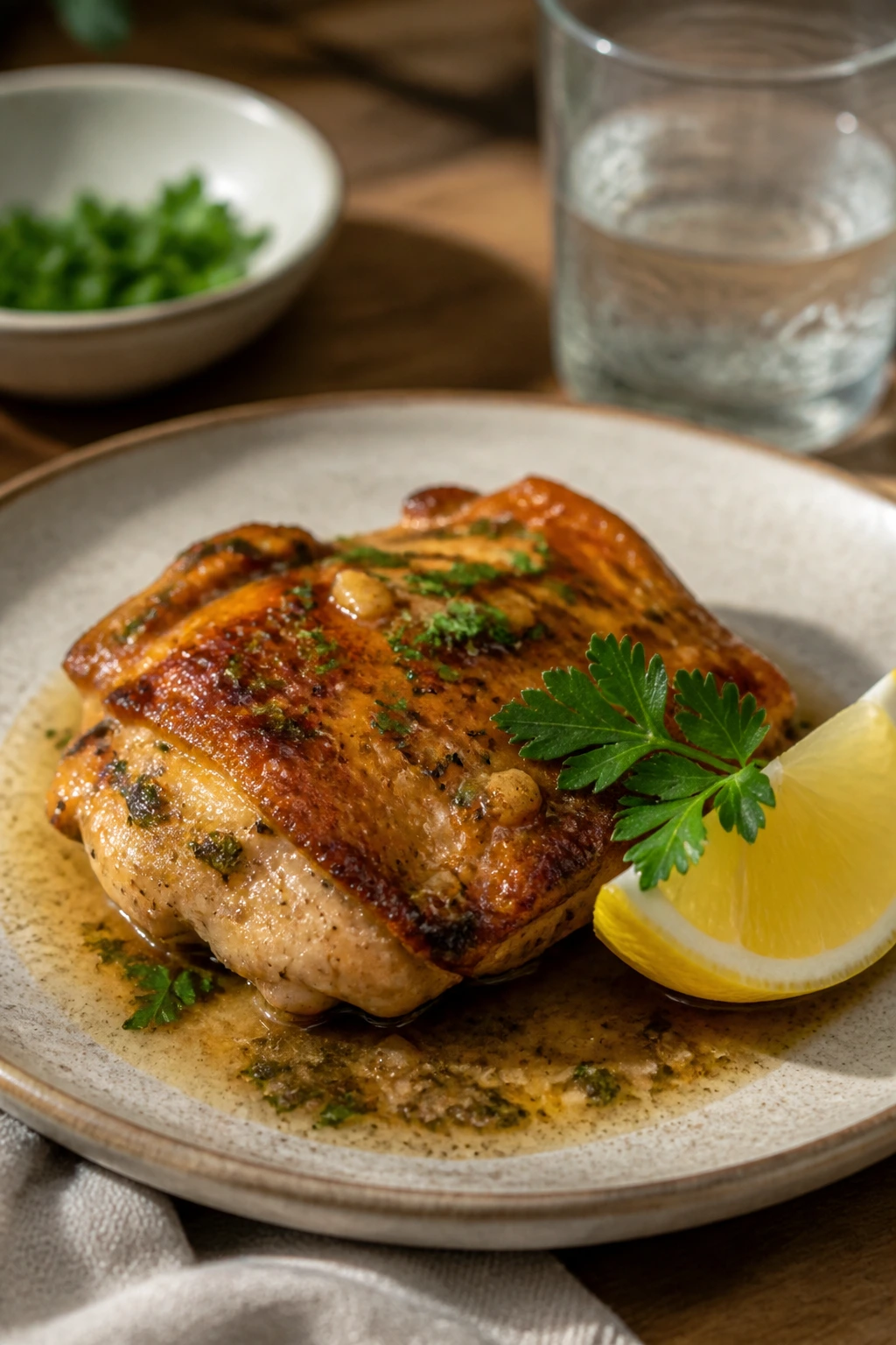 Plate of chicken with sauce, parsley, and lemon on table