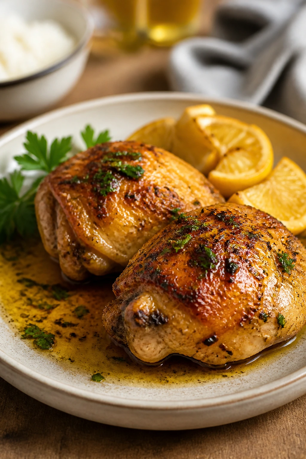 Plate of roasted lemon chicken thighs with pan juices and lemon wedges