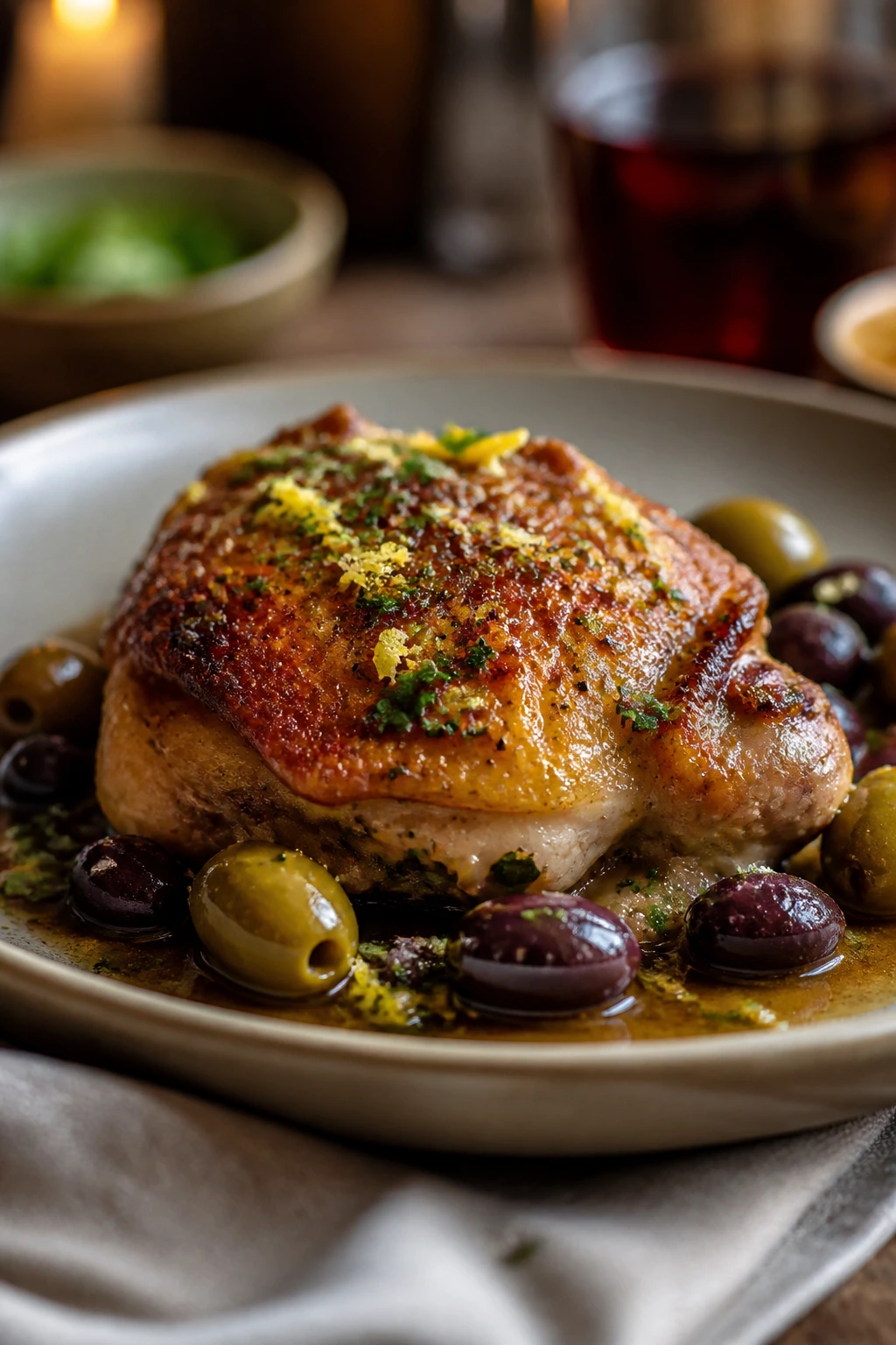 Plate of chicken with olive sauce and garnish