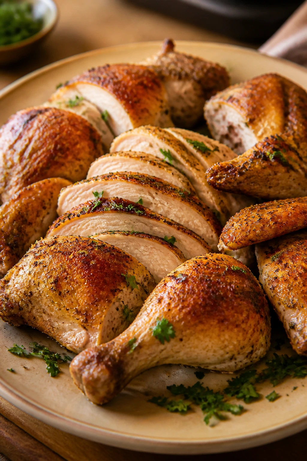 Plated carved chicken on a warm platter with parsley garnish