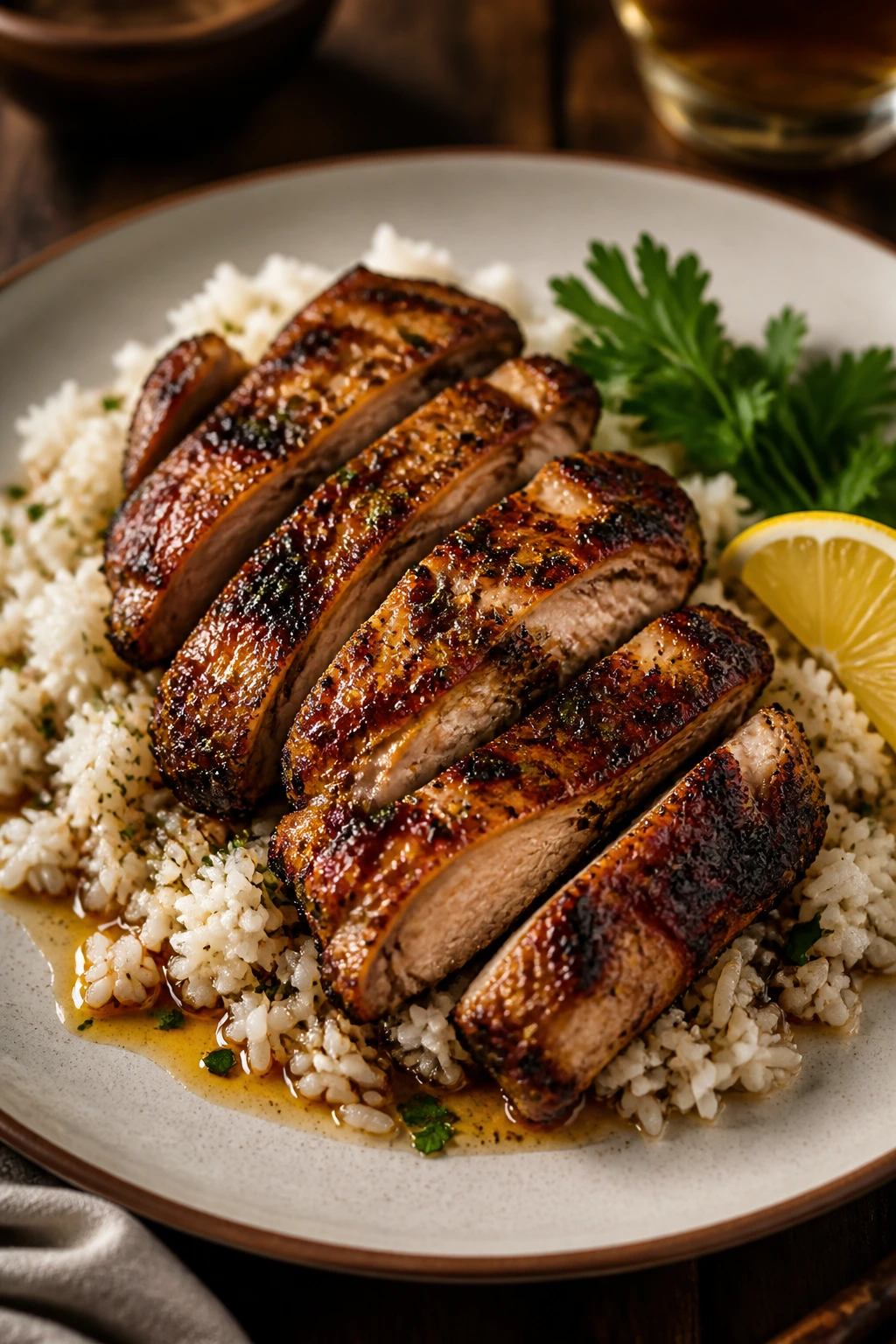 Plate of sliced grilled chicken over rice with garnish