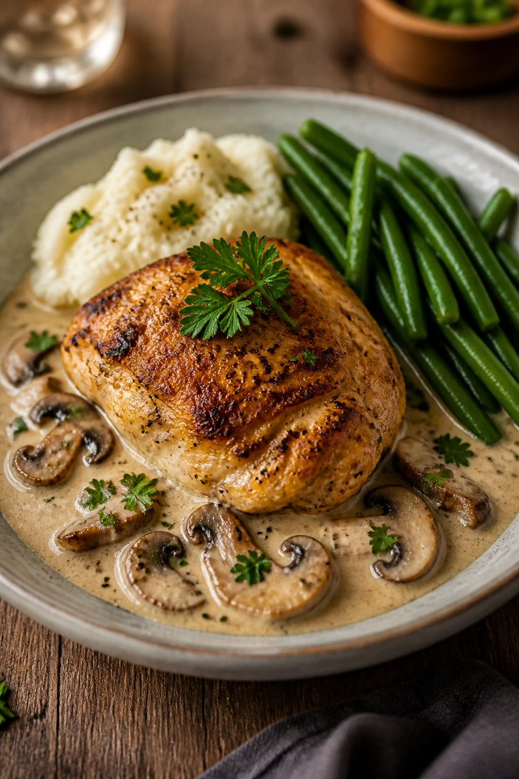 Plated chicken with cream sauce, mushrooms, and parsley
