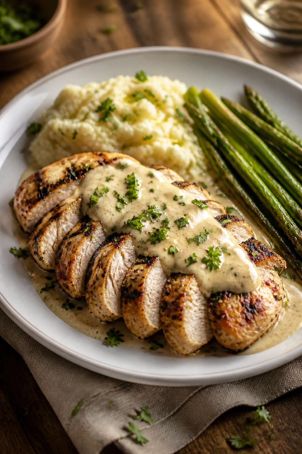 Plated chicken with creamy sauce and fresh parsley on a rustic plate