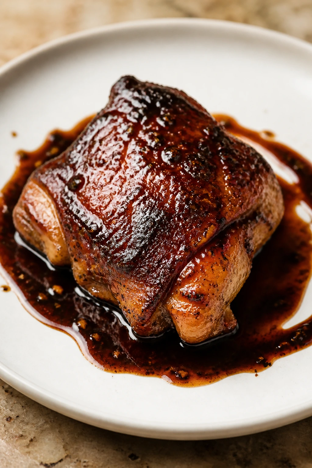 Single balsamic glazed chicken thigh plated simply on a white plate with a glossy finish