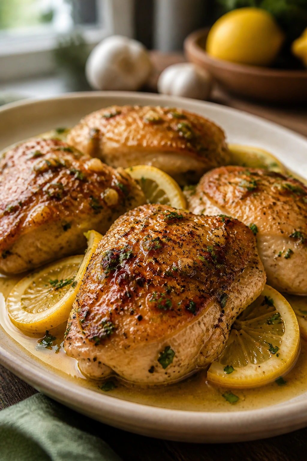 Plated lemon garlic chicken thighs with glossy sauce in a cozy kitchen