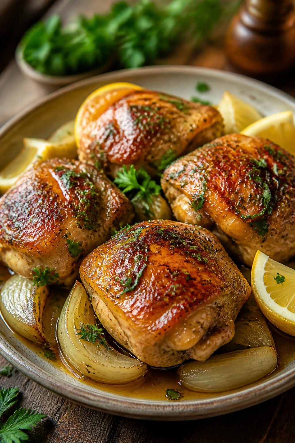 Served chicken thighs on plate over onions with pan juices
