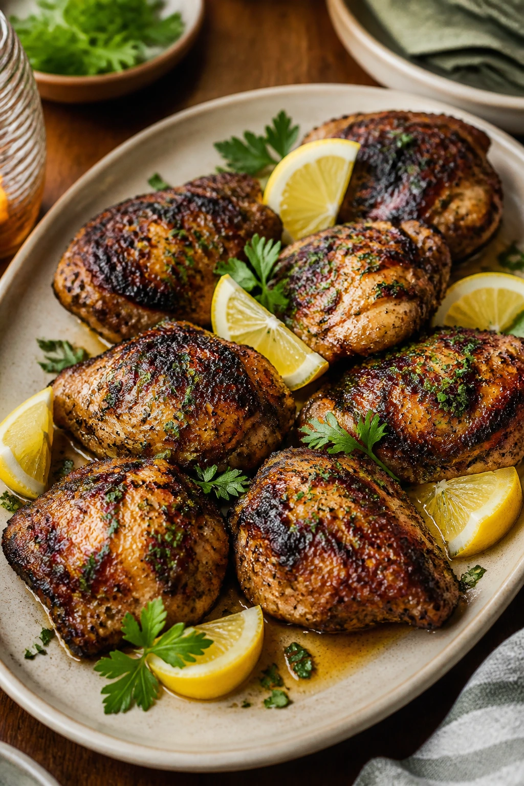 Plate of seasoned chicken thighs with lemon and parsley ready to serve