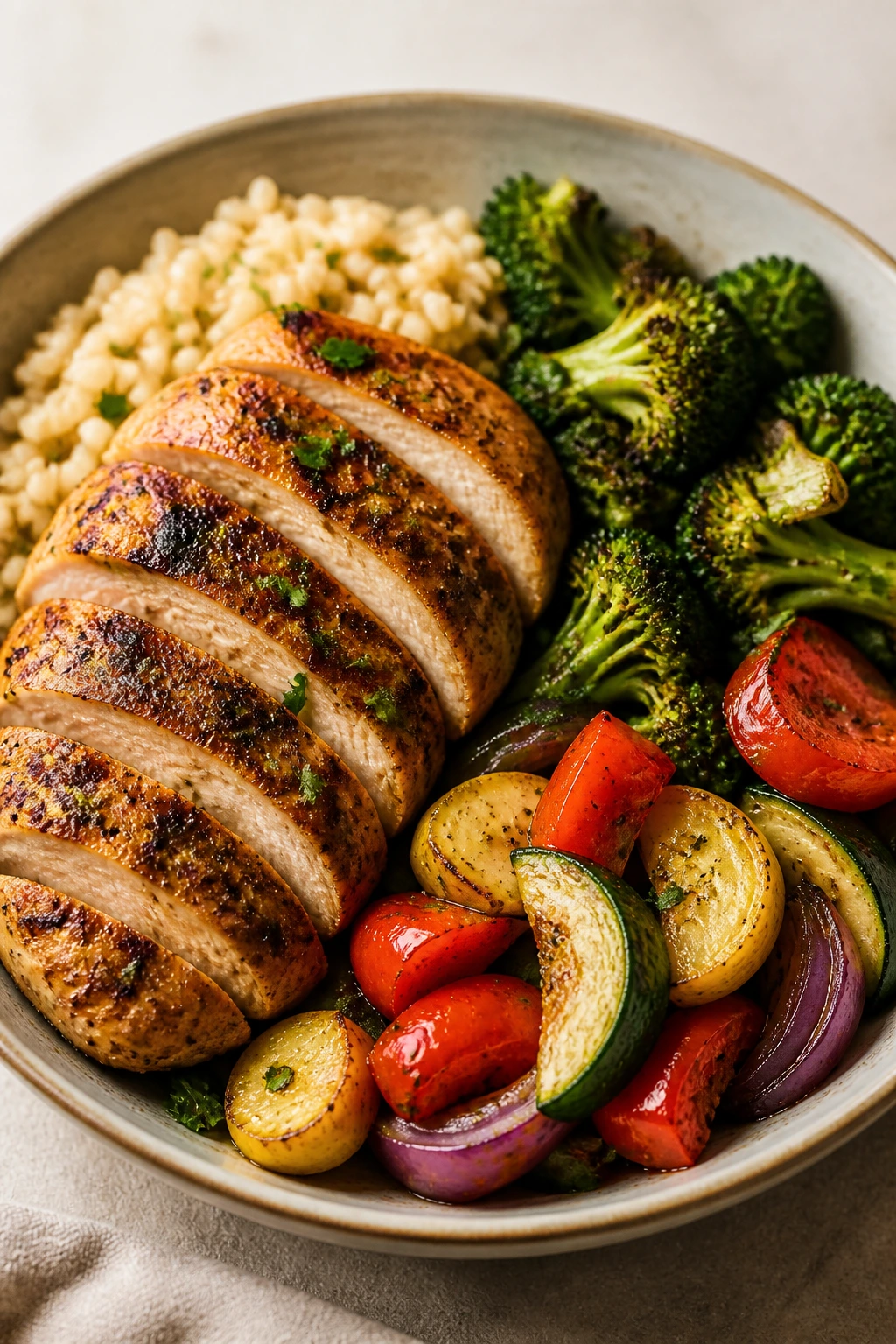 Plated chicken dinner in a shallow bowl with vegetables