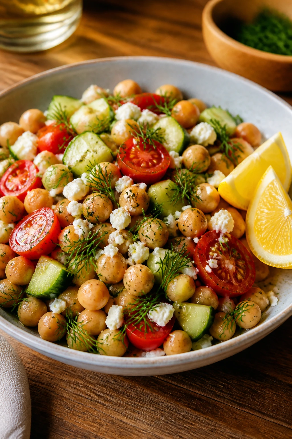 Plated chickpea salad in a bowl with lemon wedges on the side