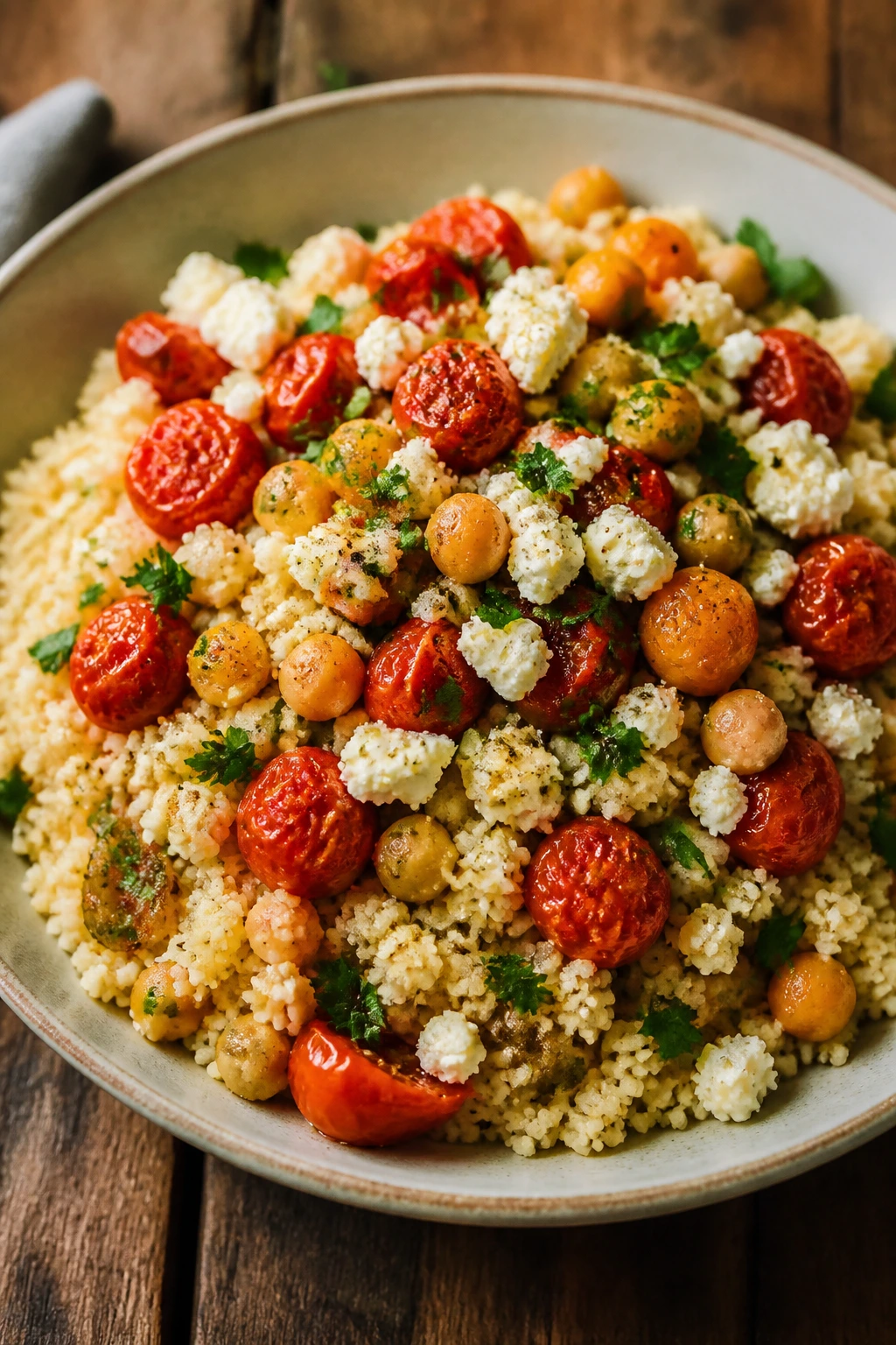 Plated couscous bowl with chickpeas, tomatoes, feta, and parsley
