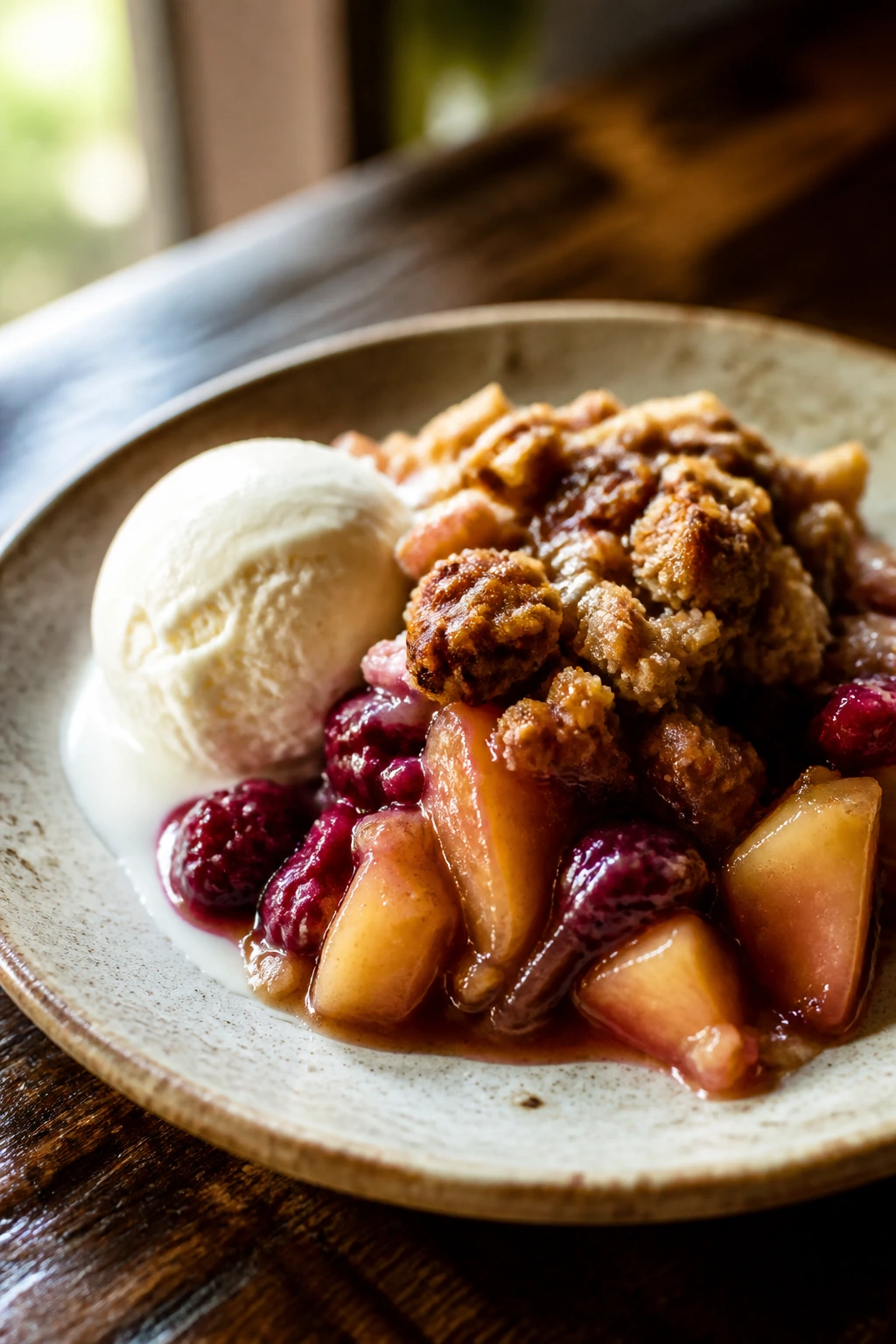 Elegant plated fruit dessert ready to serve on rustic plate