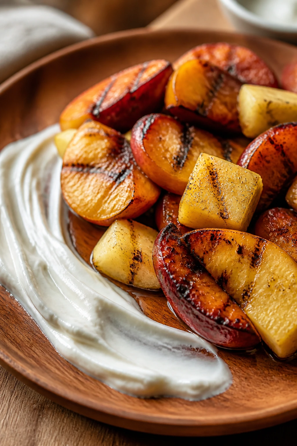 Plated grilled stone fruit with frosting on a warm wooden plate