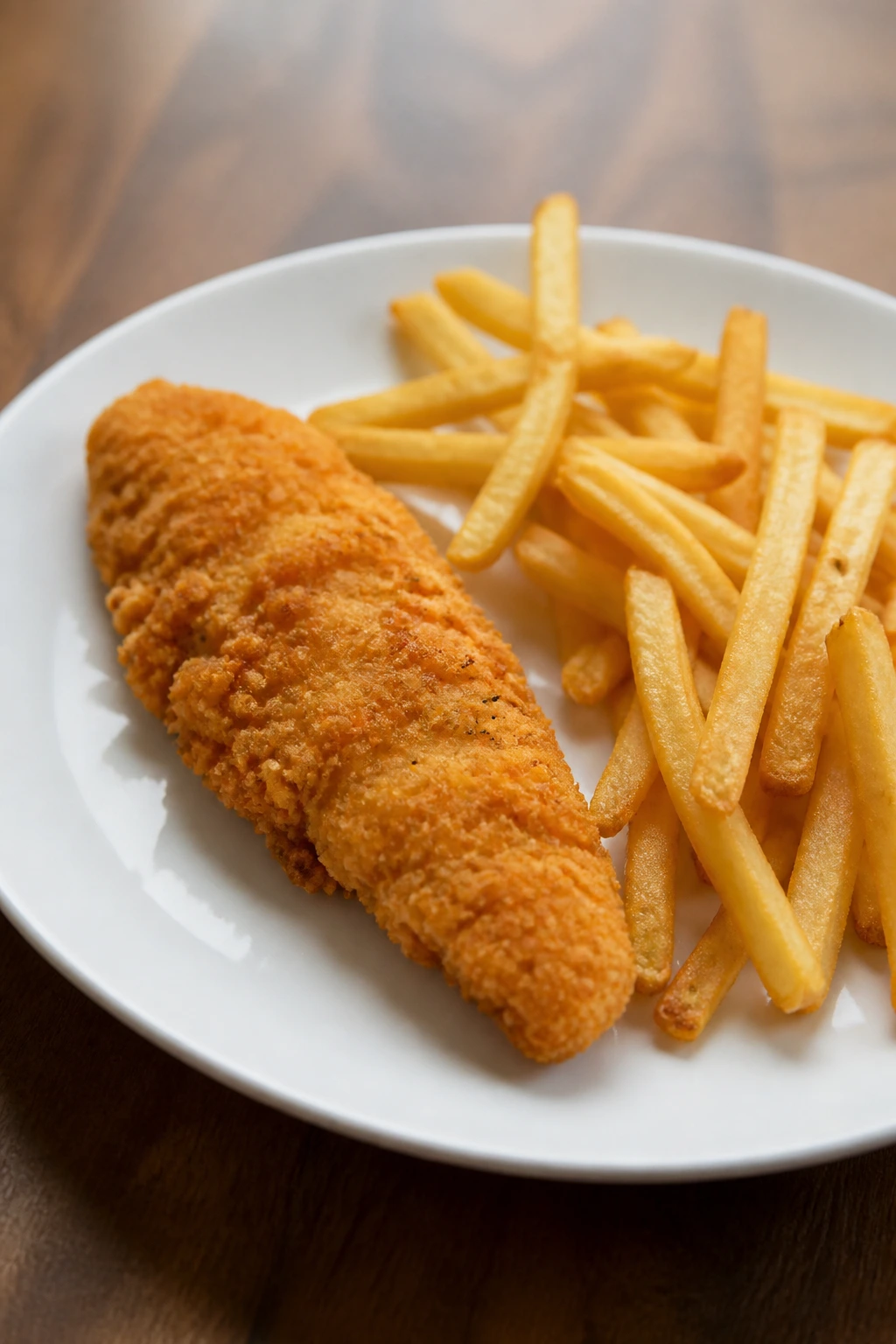 Plate with chicken tender and fries served simply
