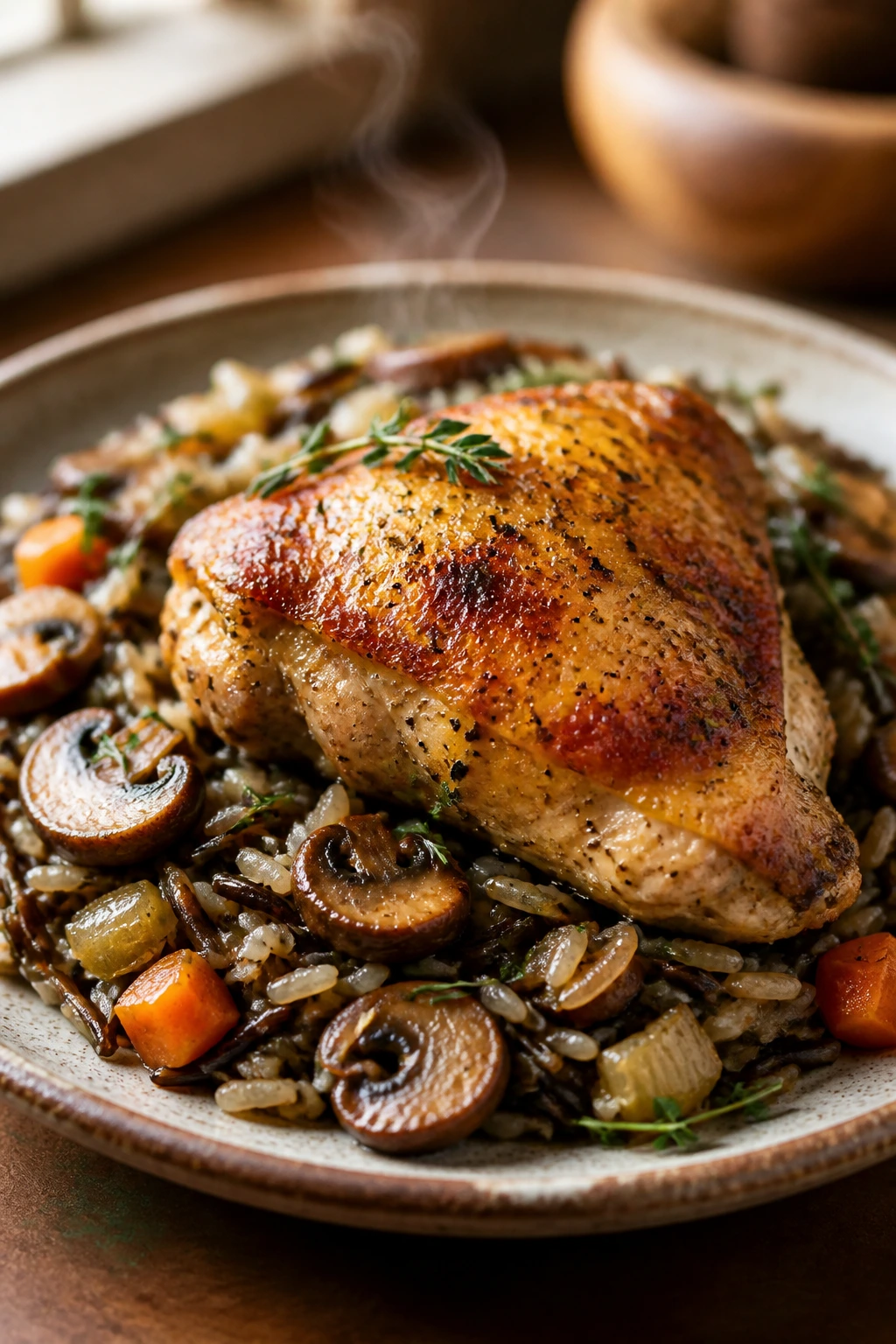 Plated serving of roasted chicken and wild rice emphasizing portion size and doneness