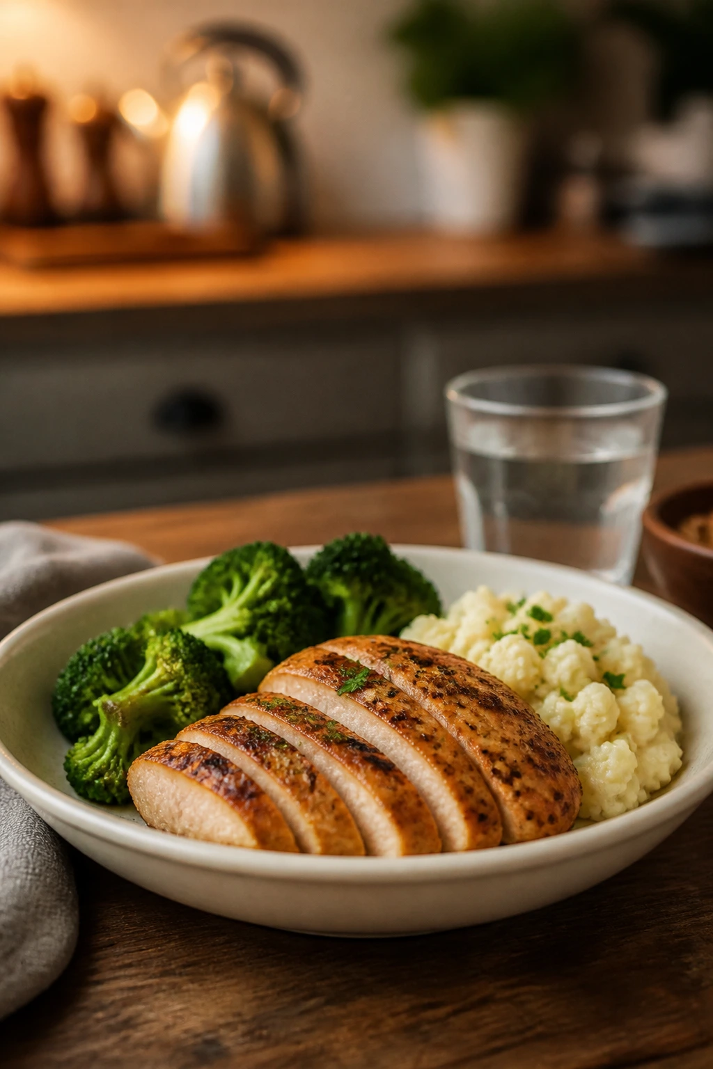 Neatly plated low-carb dinner in a bowl with garnish
