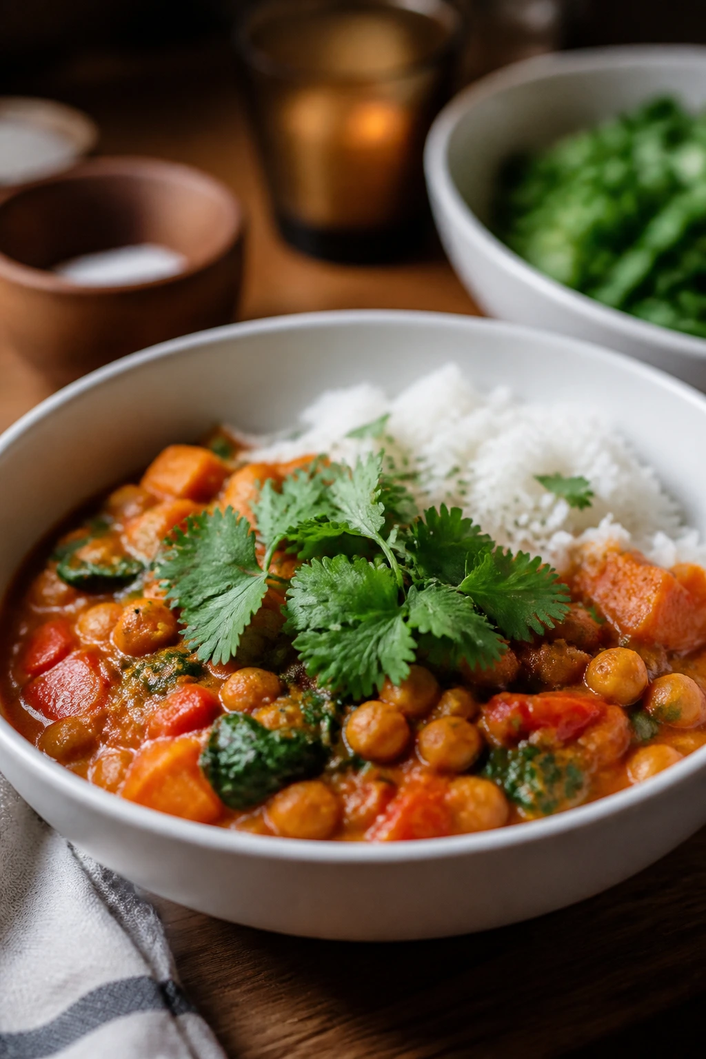 Plated dinner with vibrant curry and herbs