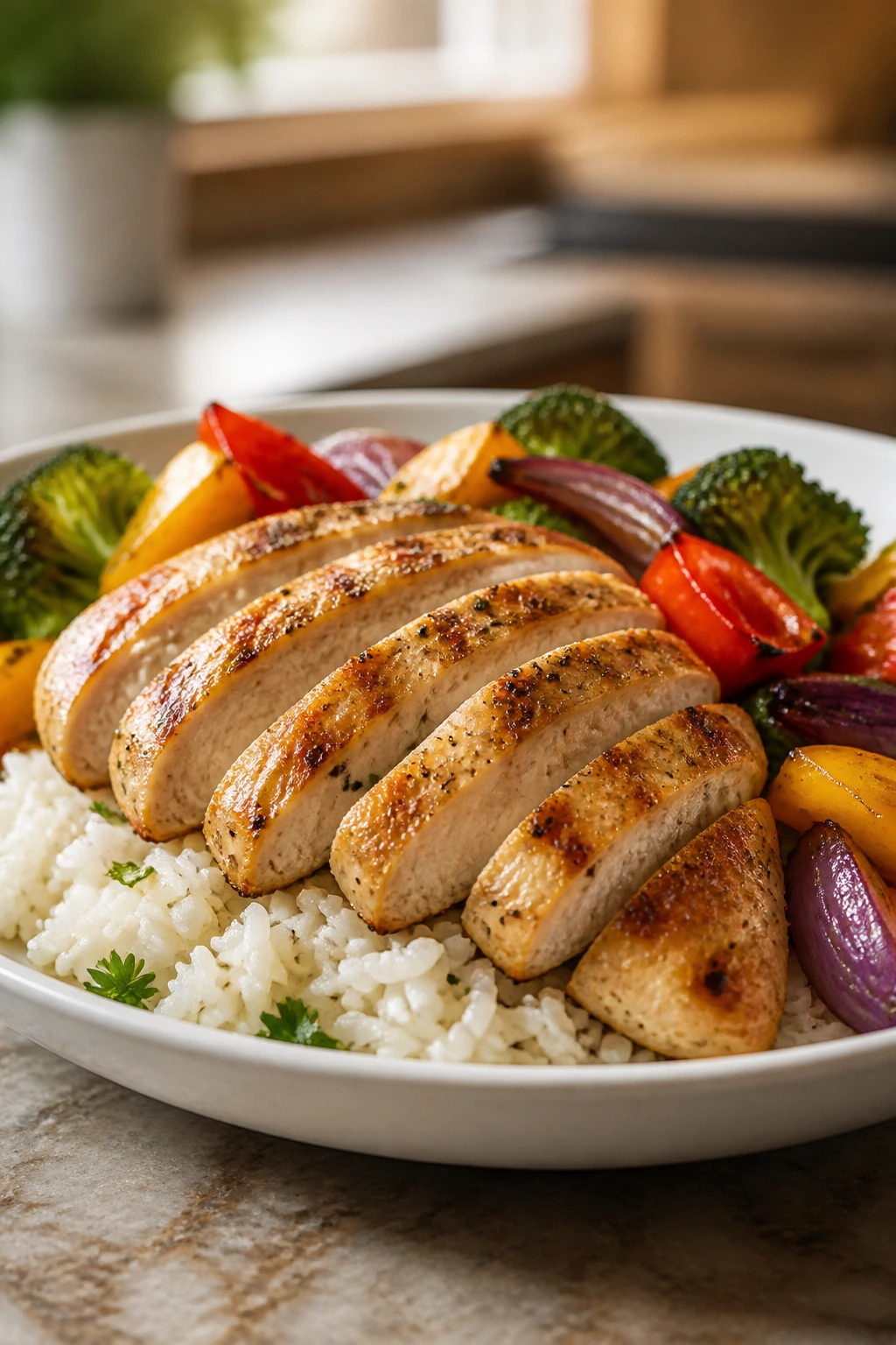 Close-up of a plated dinner with protein on rice and vegetables, showcasing proper plating.