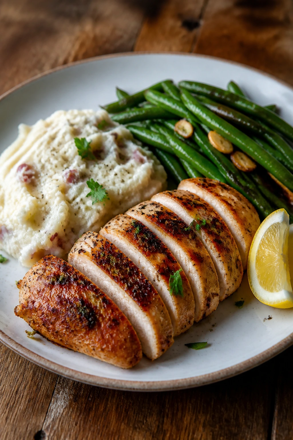 Plated dinner on rustic wooden table