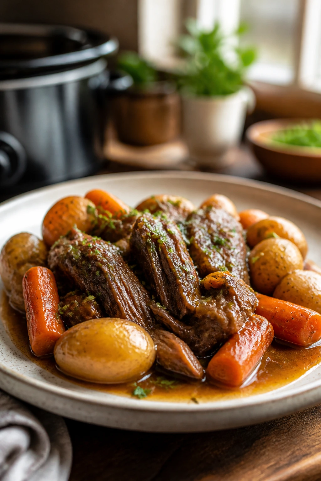 Close-up plated slow cooker dinner on a shallow plate with herb garnish in a warm kitchen