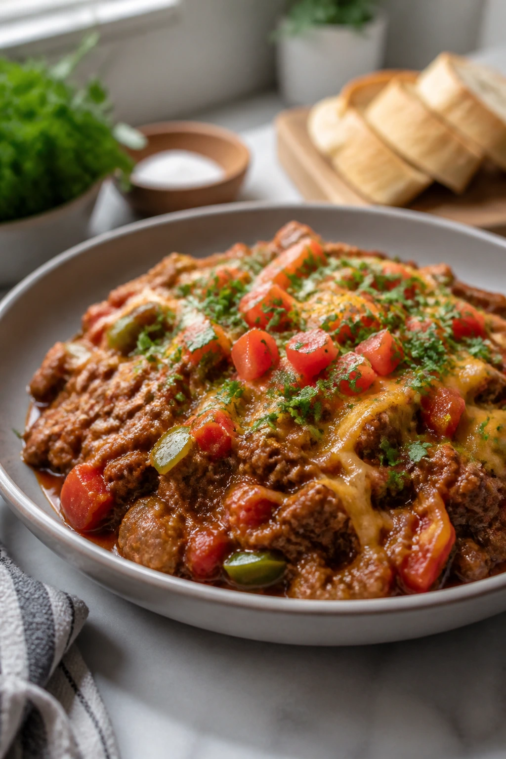 Plated beef skillet dinner in a shallow bowl with garnish