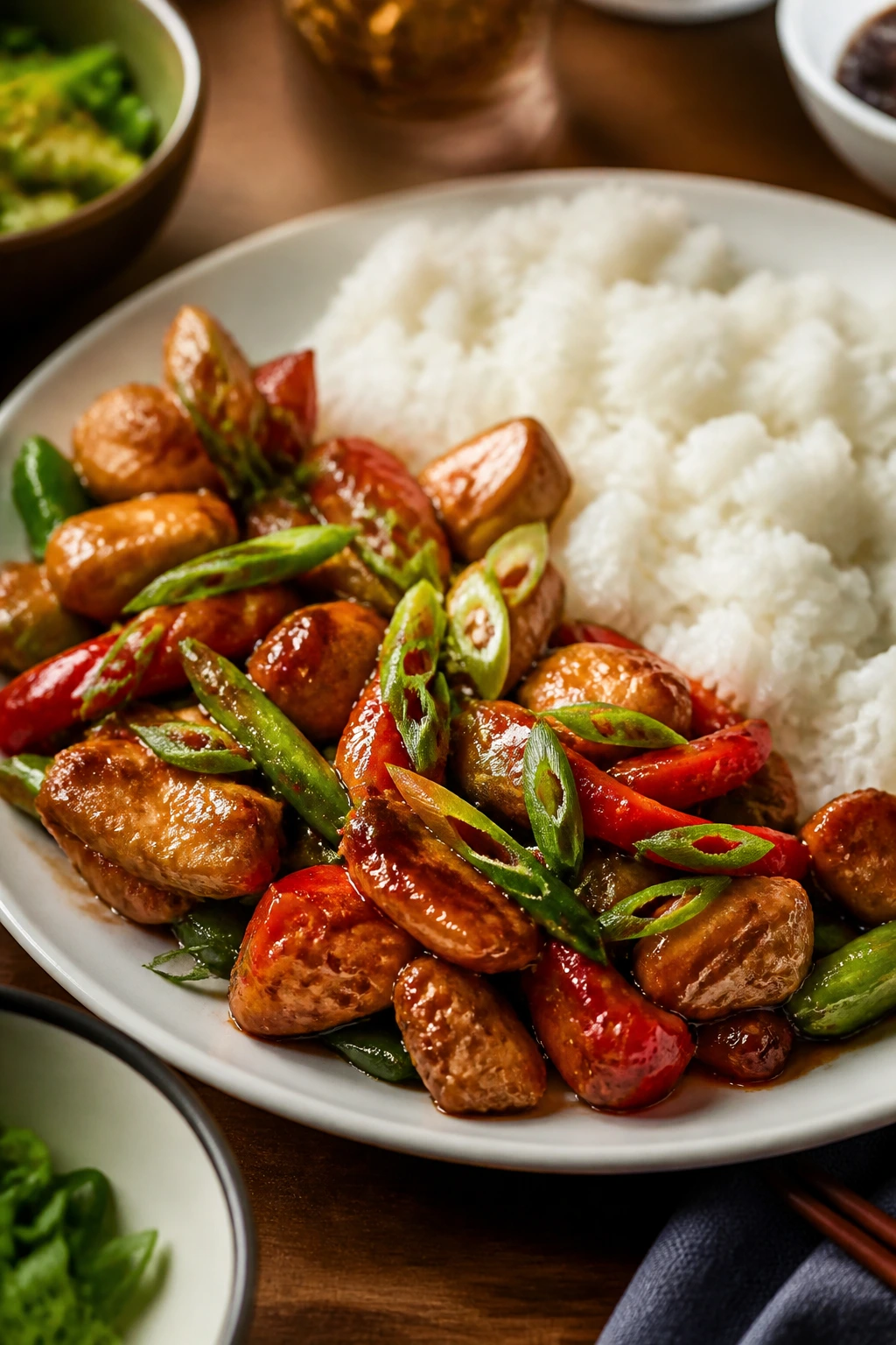Plated stir-fry with rice on a dining table