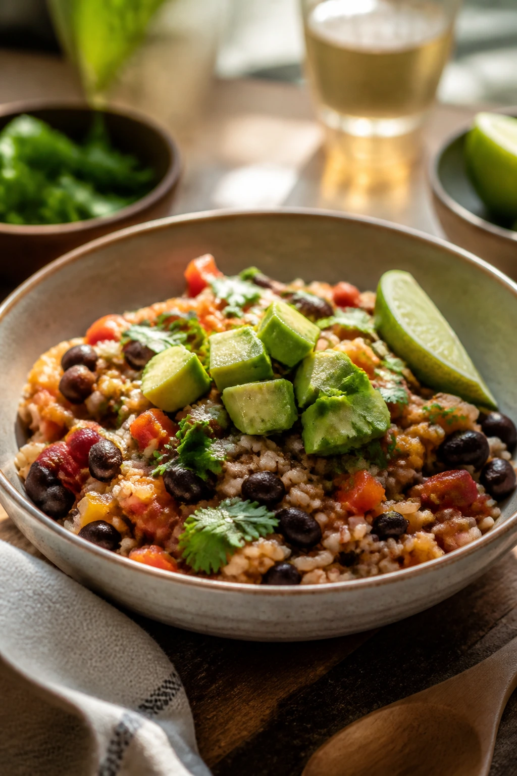 Plated skillet meal with herbs and lime on a warm table