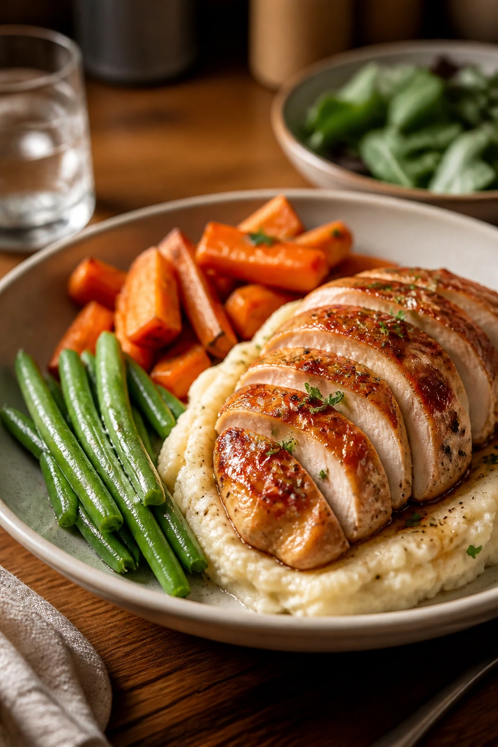 Plate of a comforting weeknight dish served attractively on a dining table.