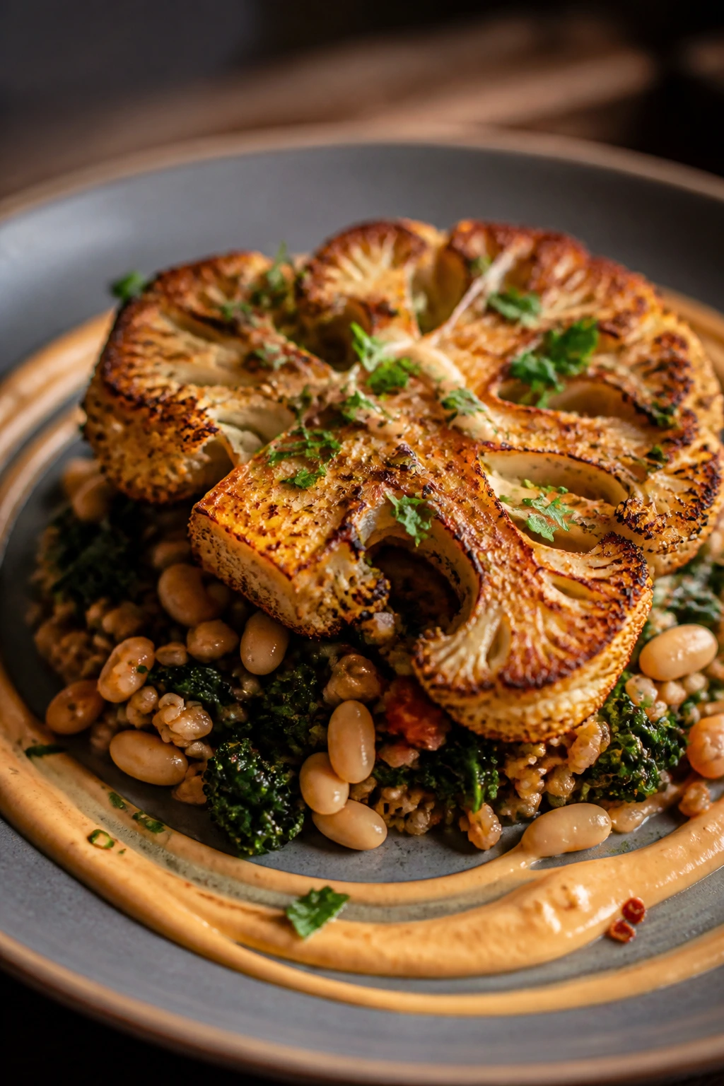 Plated cauliflower steak with beans and grains and sauce swirl, ready to serve