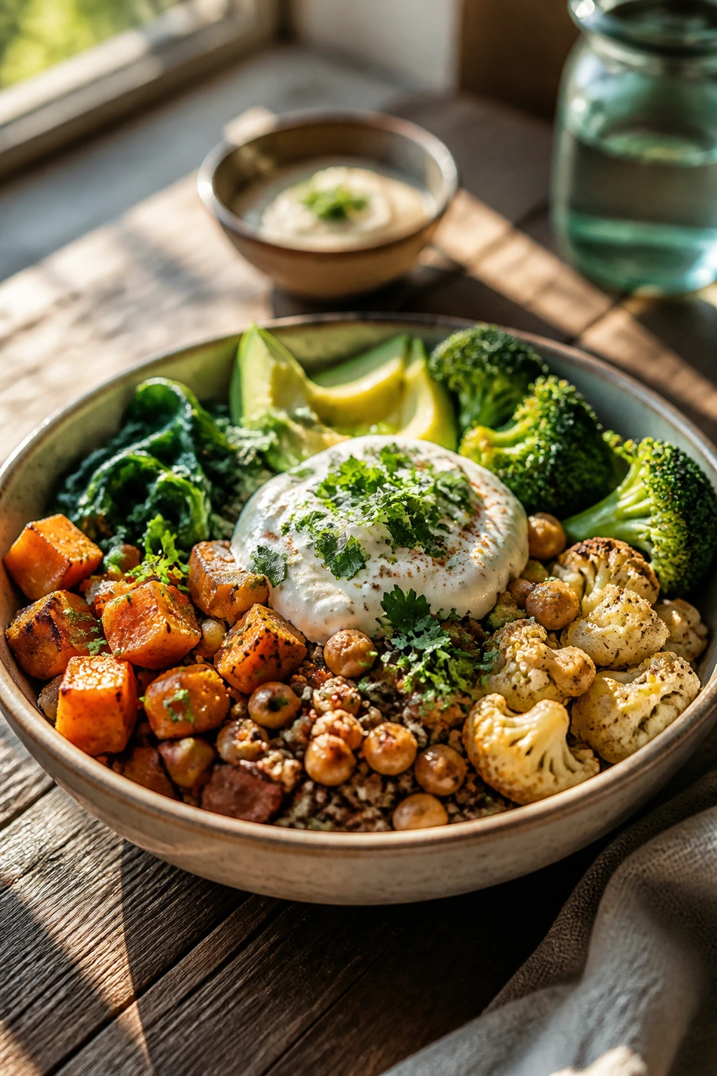 Beautifully plated grain bowl with yogurt and herbs on wooden table