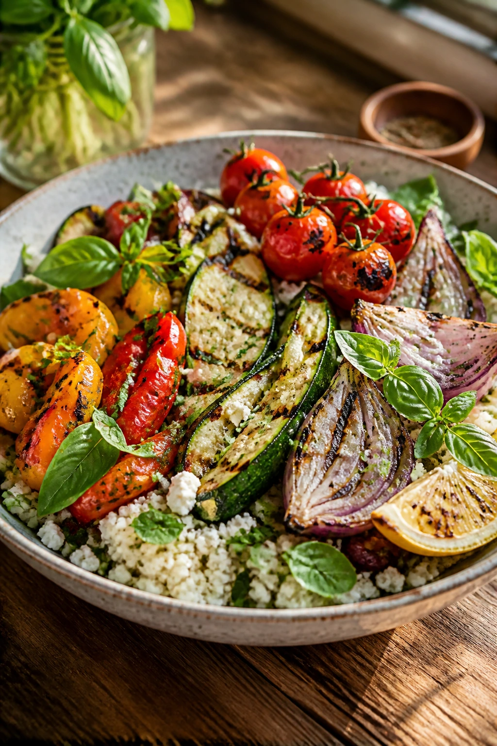 Beautifully plated grain bowl with greens and grilled vegetables