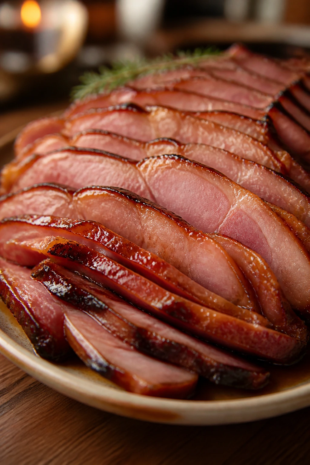 Ham slices artfully plated on a warm platter with glaze shine.