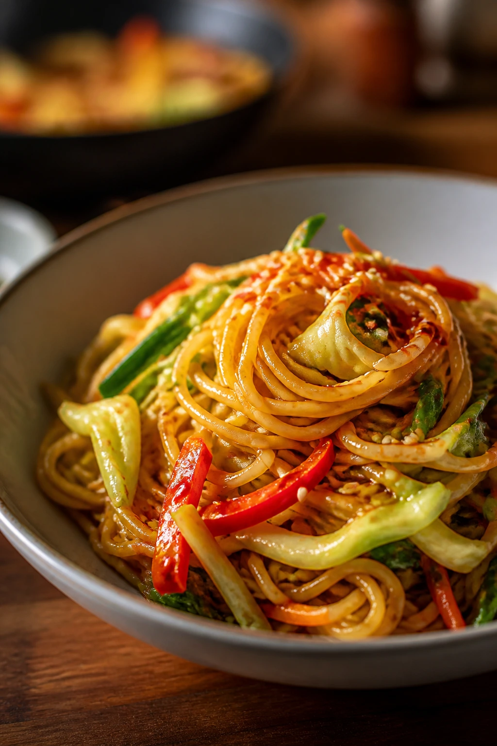Plated lo mein with twirled noodles and vegetables