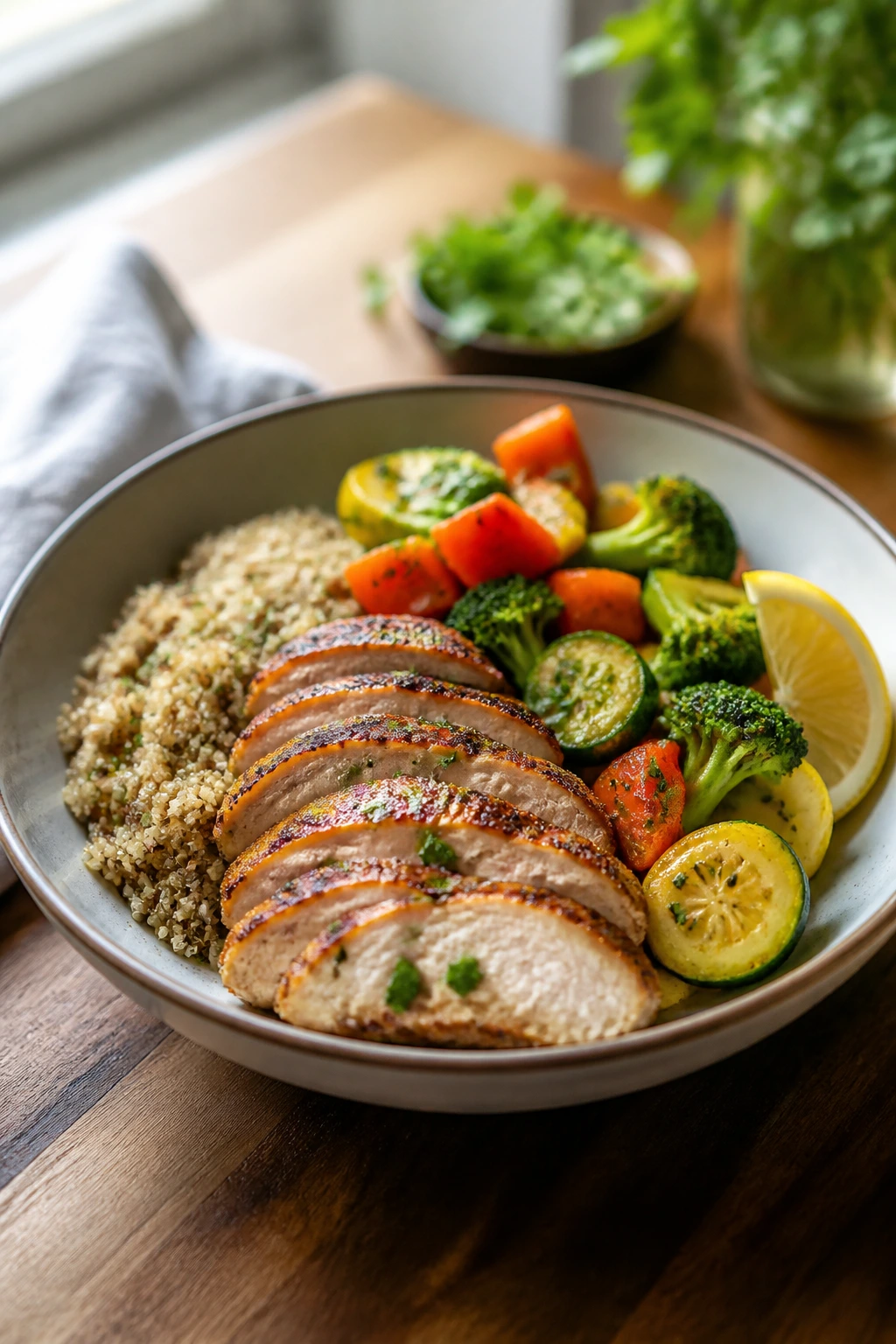 Plated healthy meal with balanced protein, grains, and vegetables