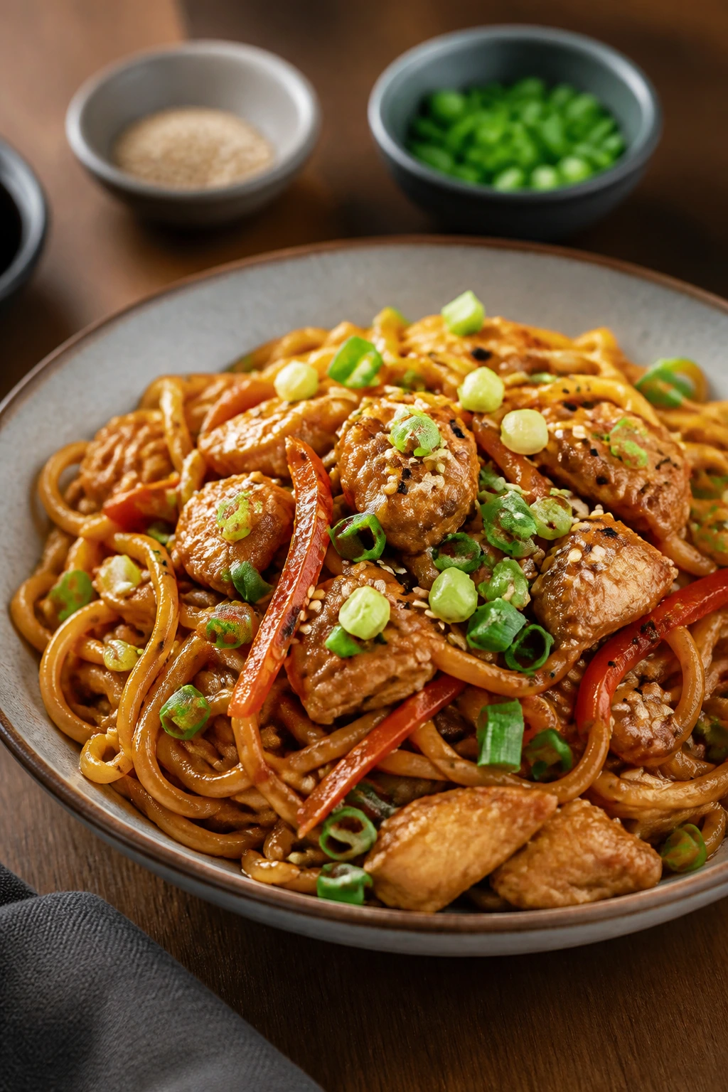 Plated noodle dish ready to serve