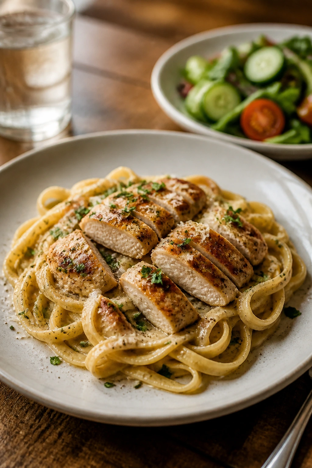 Neatly plated pasta dish with garnish ready to serve