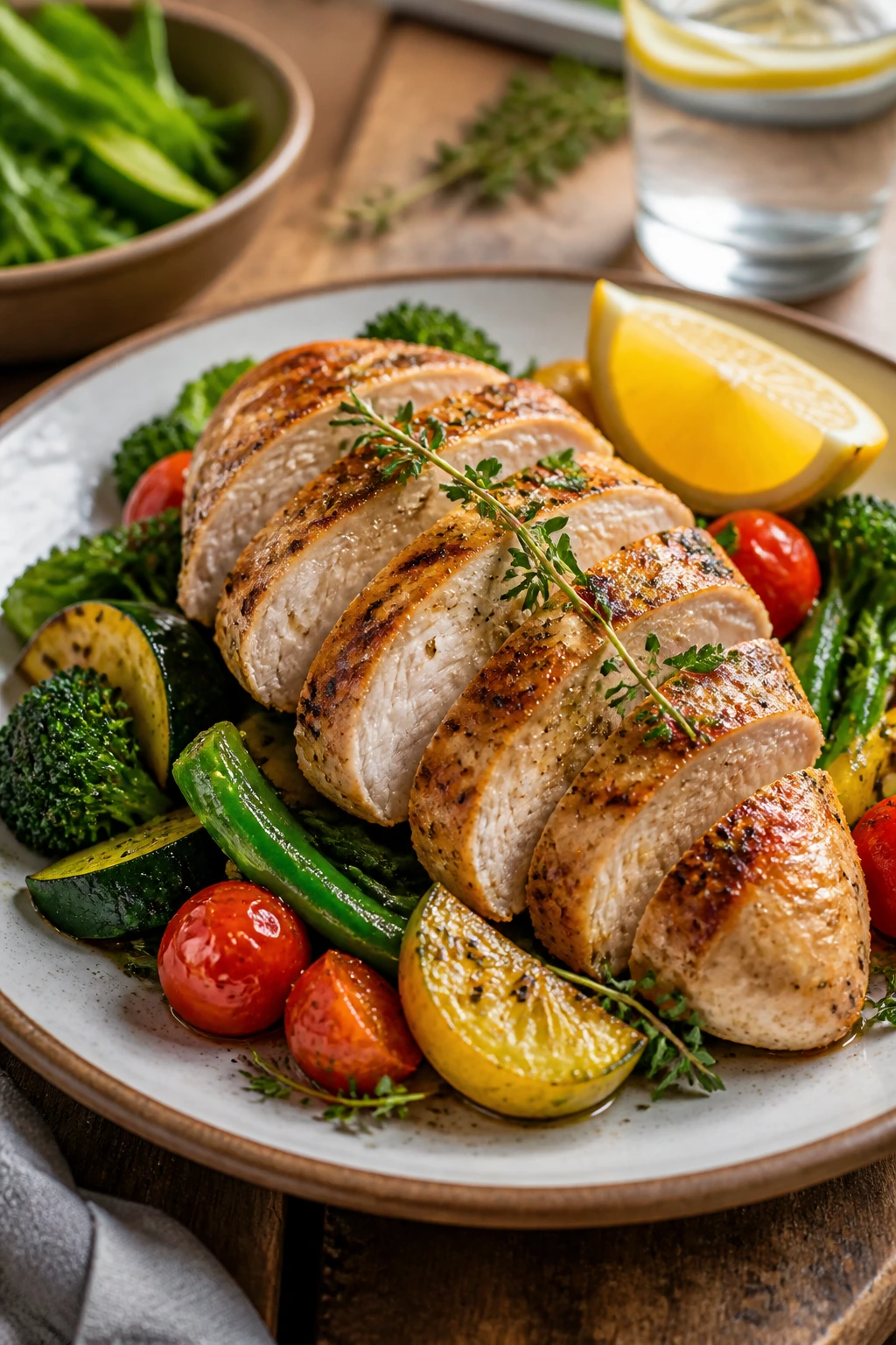 Close-up plated chicken with vegetables on a rustic table