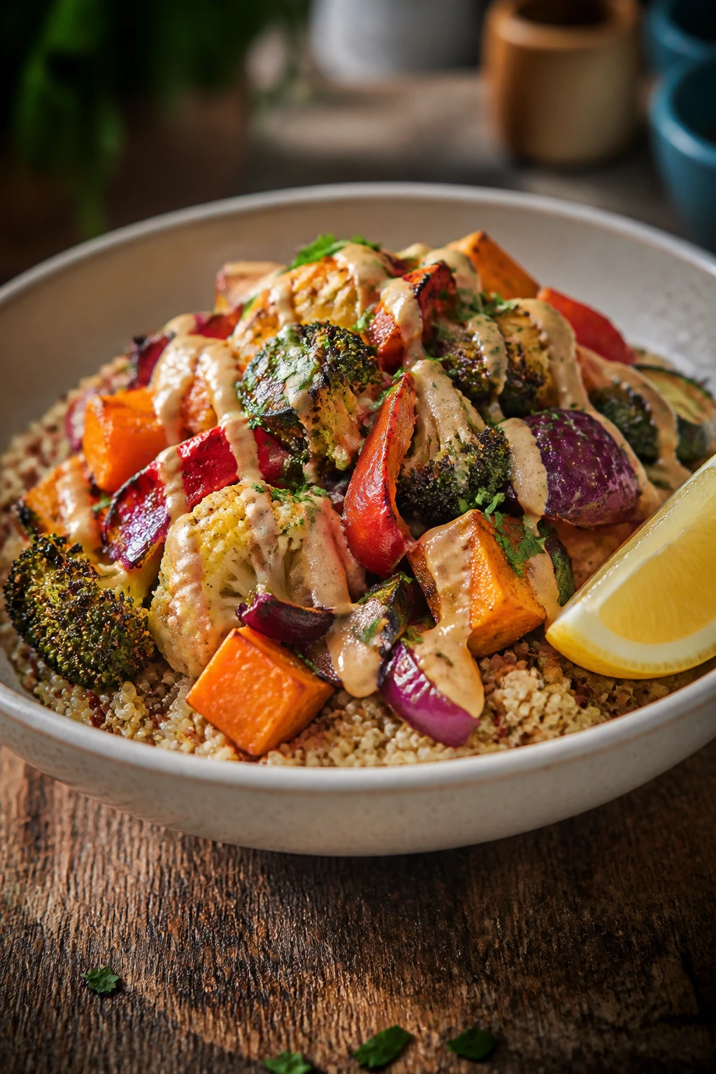 Finished plated quinoa bowl with roasted veggies and tahini