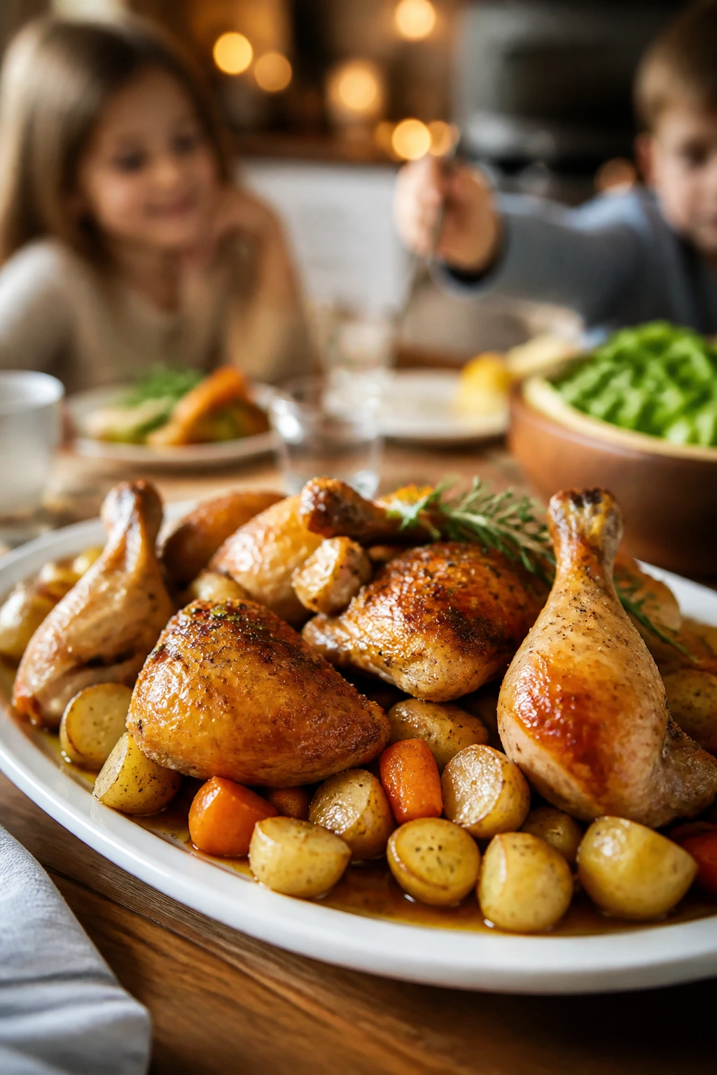 Plated roasted chicken with potatoes and carrots neatly arranged on a platter for kids