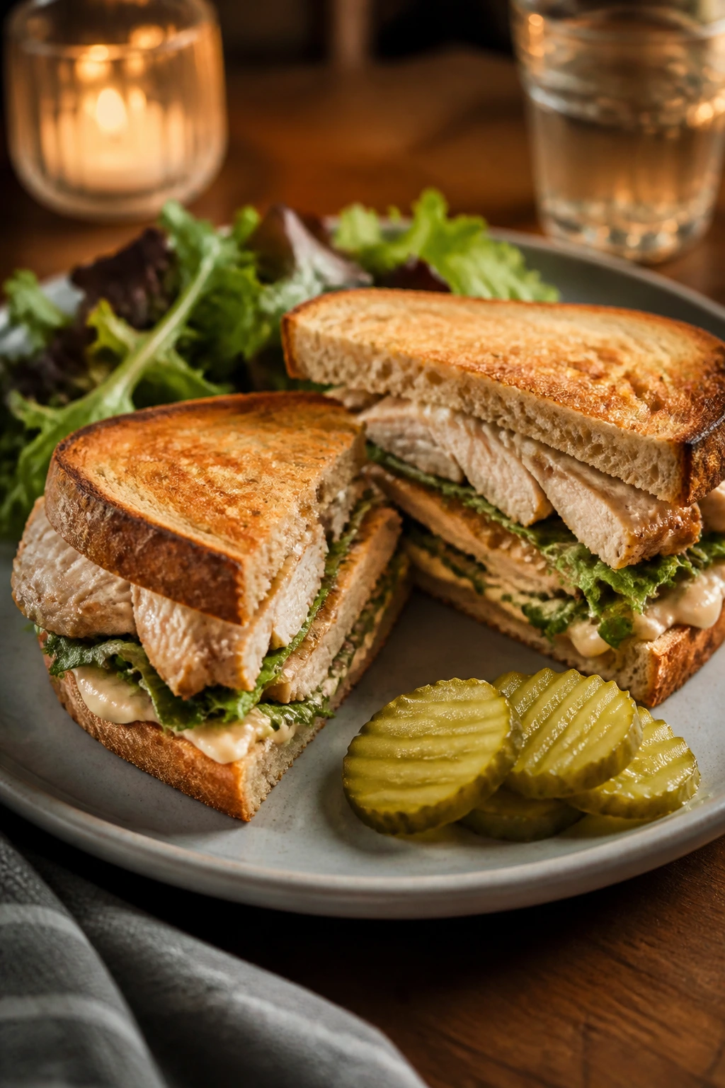 Diagonal-cut roasted chicken sandwich plated with pickle chips on a dining plate