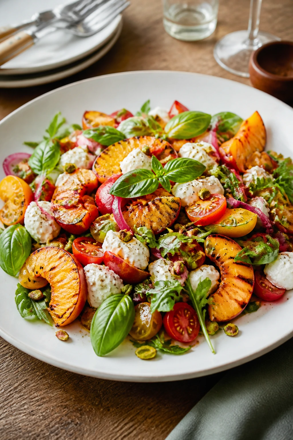 Colorful plated salad on a wooden table