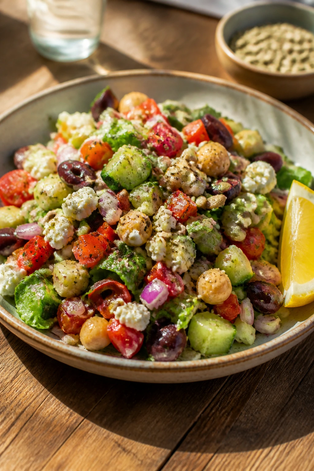 plated chopped salad ready to serve with seeds on top