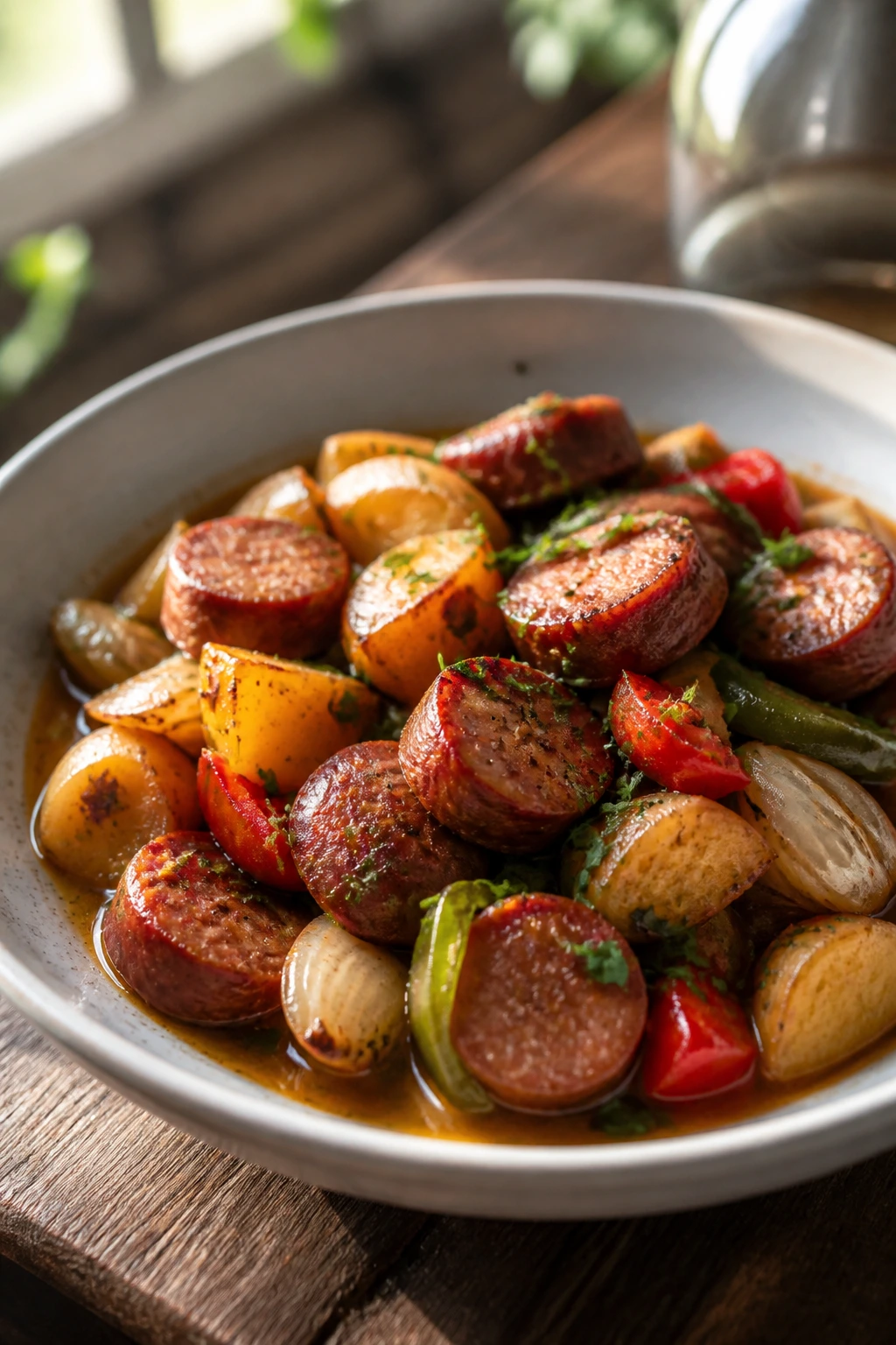 Plated skillet dinner with sausage, potatoes, peppers in broth